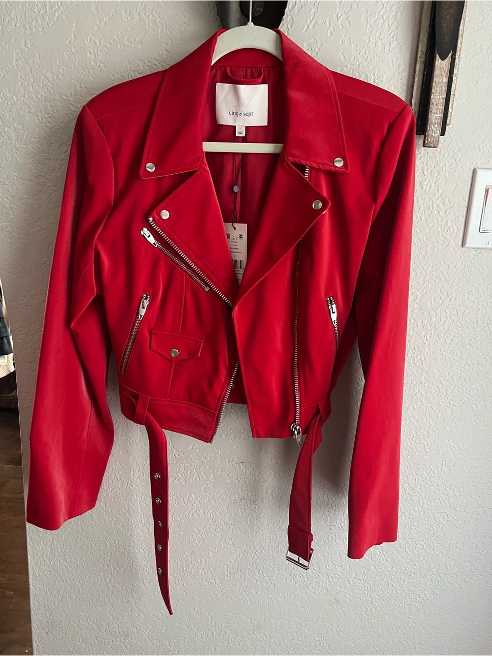 cinq a sept Vibrant Red Leather Moto Jacket with Belt